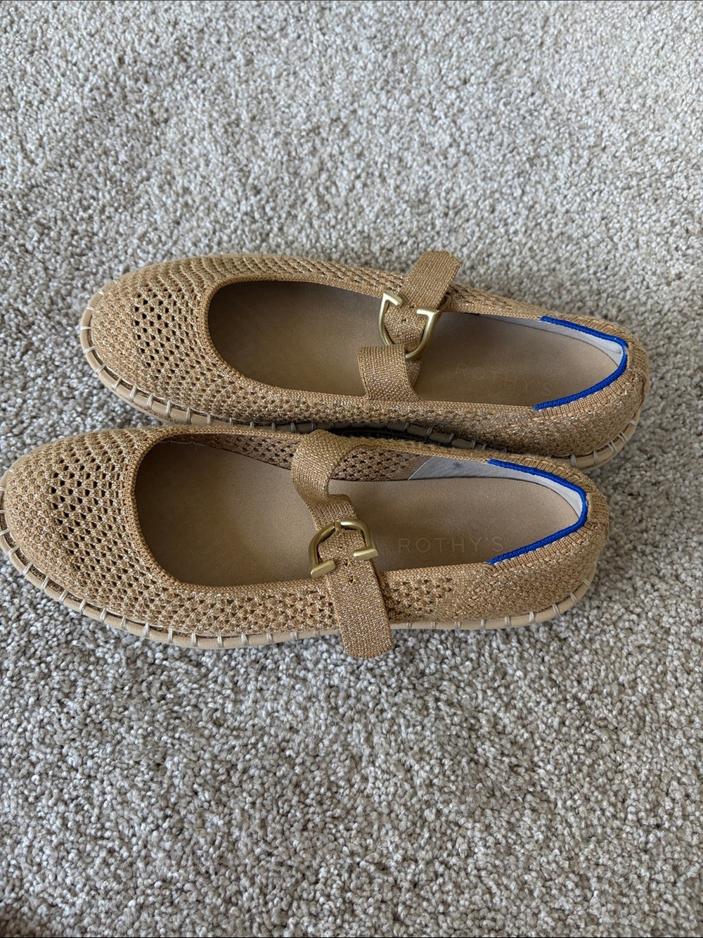 Rothy's Tan Mary Jane Flats with Gold Hardware